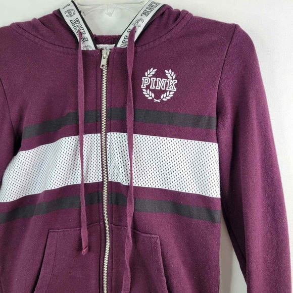 VS PINK Hoodie Jacket XS Burgundy White Stripe Full Zip‎ Pockets - Picture 2 of 7